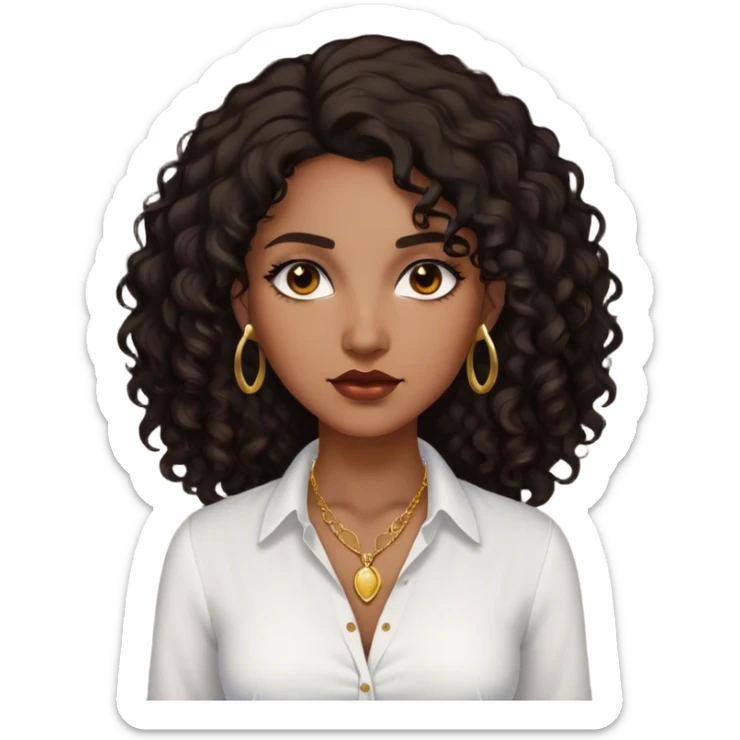 Dark Brown woman with dark curly long hair white dress shirt with gold small necklace no earrings sticker