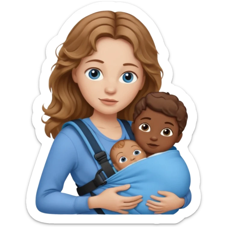 Caucasian woman with light brown wavy hair and blue eyes and dark skinned newborn in carrier sticker