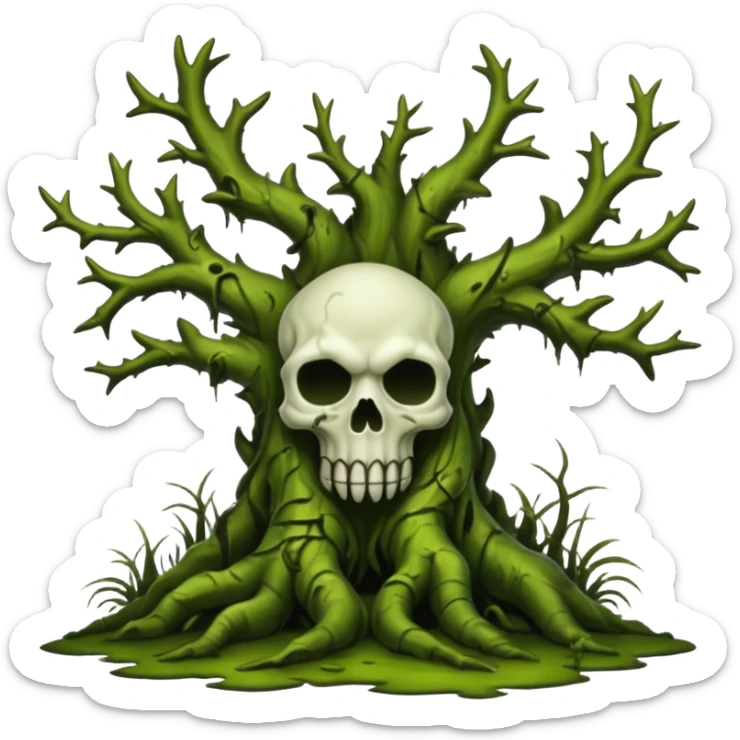 Creepy moss covered swamp trees. In the style of your bleeding skull art sticker