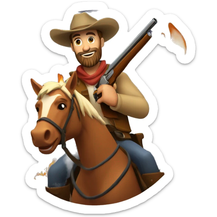 bearded man in cowboy hat riding on a horse in front of a campfire holding a shotgun sticker