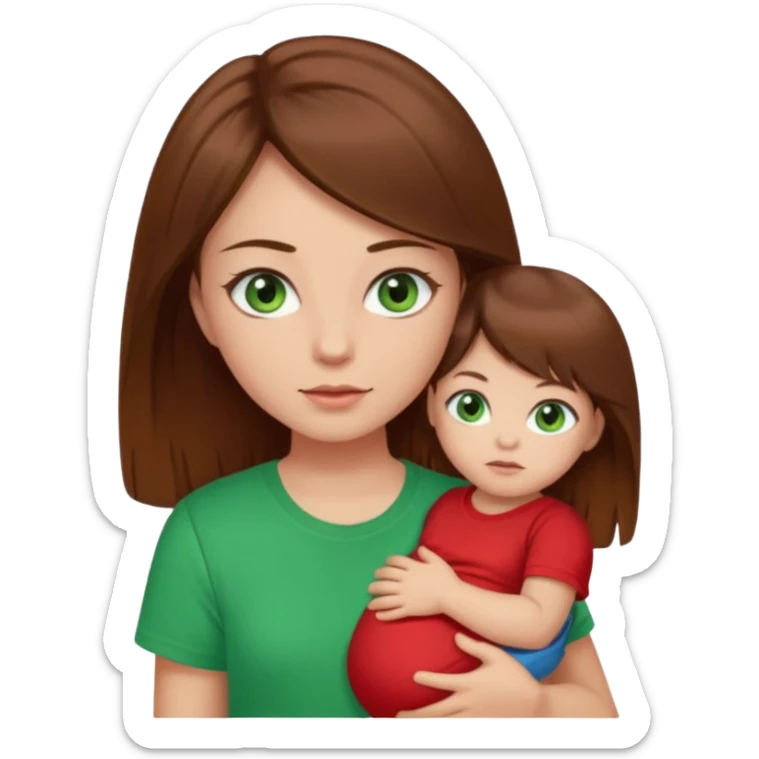 a girl with brown strait hair and has baby green eyes has a red t-shirt sticker