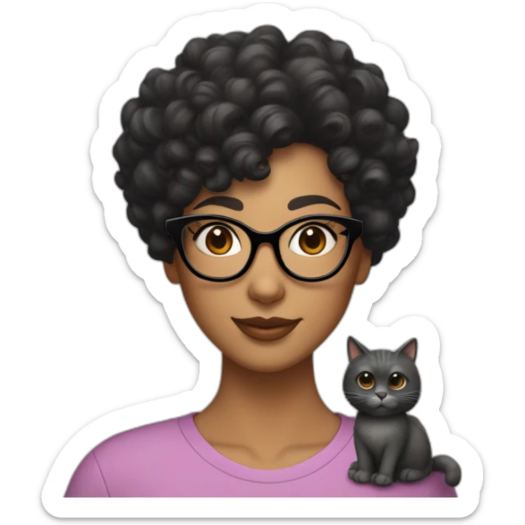 A curly woman with black hair and glasses, a big nose, eyebrows close to the eyes and a small sweet spot under the lips on the left side holds a gray cat sticker