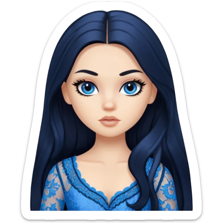 pretty, black long hair, pale skin, eyeliner, blue lace clothes, bratz baddie sticker