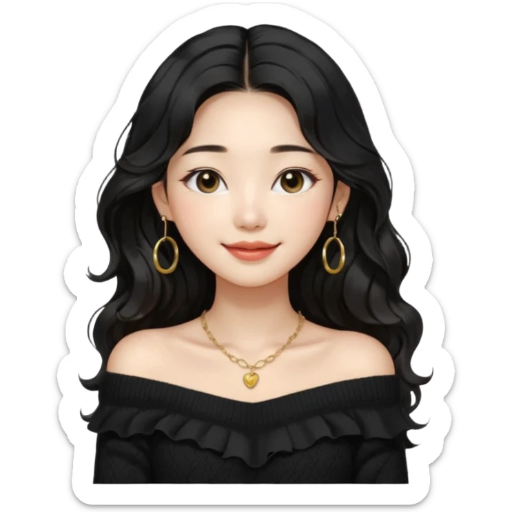 A South Korean girl with long, dark black wavy hair with middle part and layers. She is wearing a black off the shoulder long sleeve knit sweater, small gold hoop earrings and thin gold necklace. She is sweet and smiling with lips together sticker
