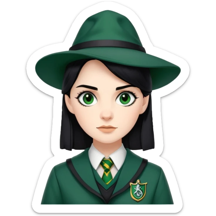 genevieve gaunt is Pansy Parkinson in harry potter, wear hogwarts slytherin uniform, black hair, not wearing hat sticker