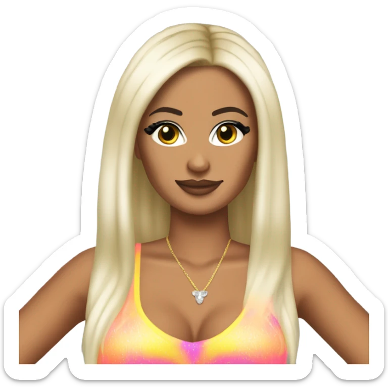 Tanned woman with long black hair, dressed in y2k Paris Hilton hair, makeup, and neon attire sticker