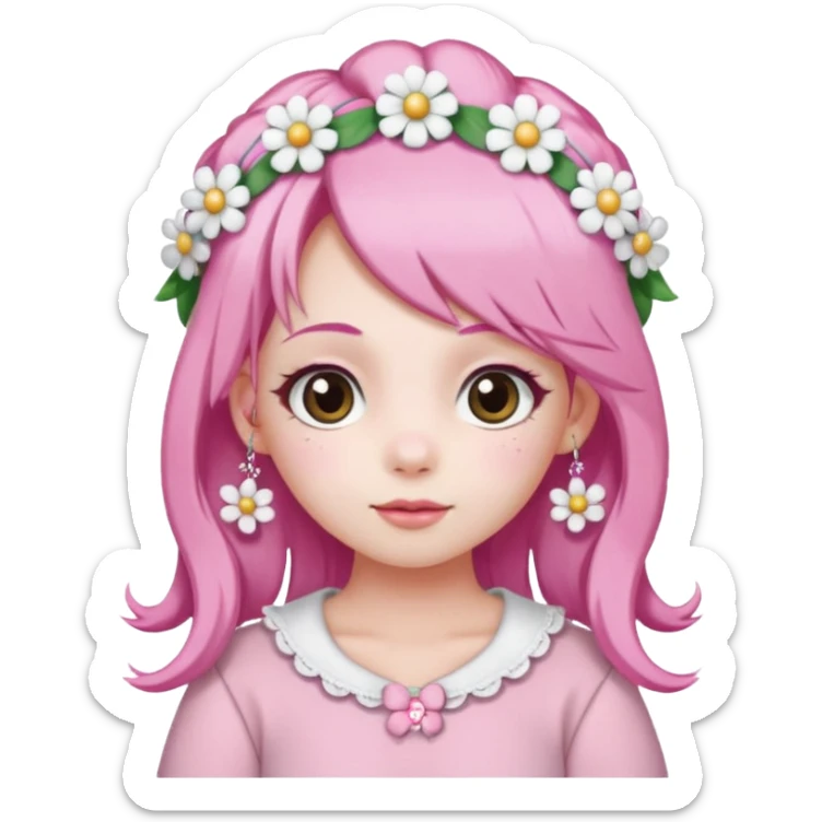 A girl with pink and white hair, adorned with flowers as hair accessories, wearing My Melody clothing. sticker