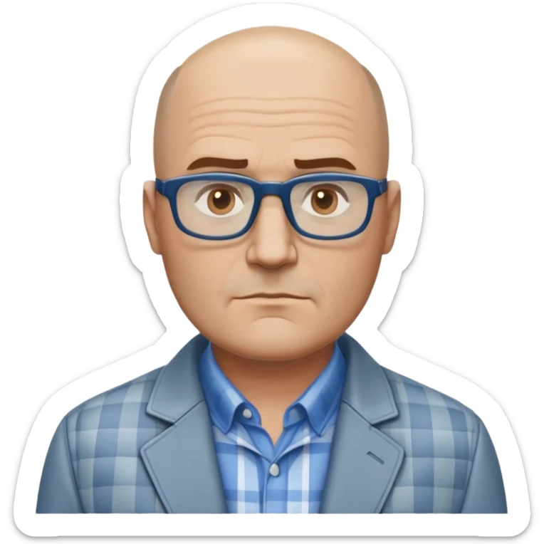 50-year-old heavyset man with very wide face and prominent square jawline. Little to no hair on the sides with some hair on top, balding pattern. Large dark square glasses. Serious-relaxed expression. Light gray jacket that fits his larger frame, white shirt with blue checkered pattern. sticker