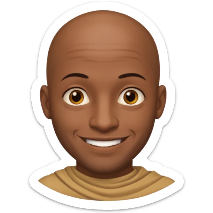 This is a cartoon-style avatar of a bald man with dark skin, golden-brown eyes, and facial tattoos, smiling with a friendly expression. sticker