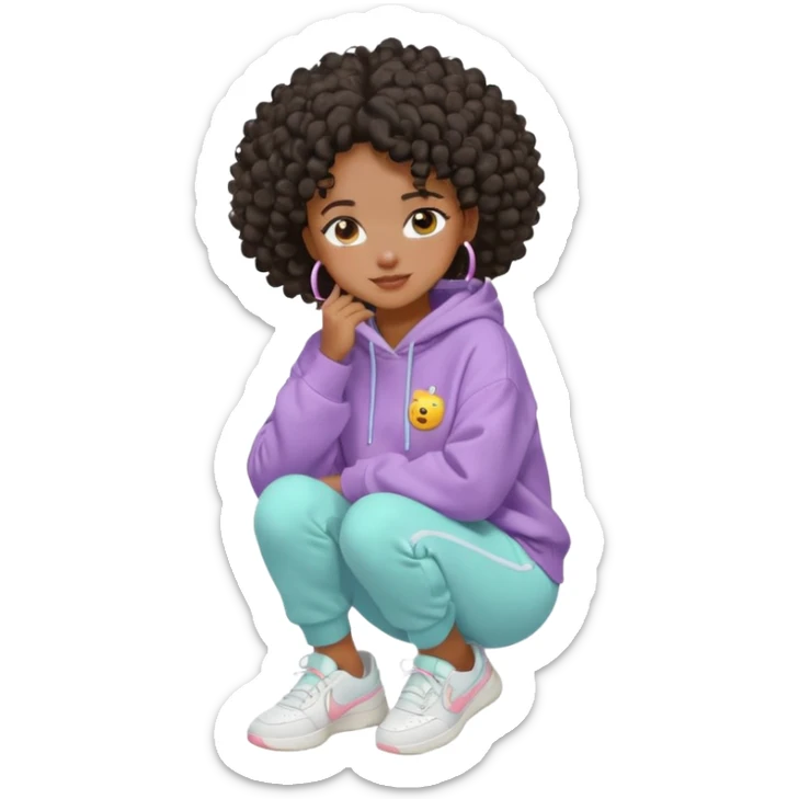Black girl, clean girl aesthetic, 4C curly hair in a puff, pastel hoodie, white sneakers, minimal jewelry, soft smile, cozy vibe, bright colors, Apple-style emoji cry  sticker