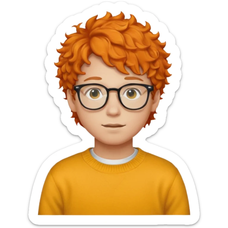 teen nerd orange hair boy curly orange hair wearing white shirt inside a yellow sweater with glasses  sticker