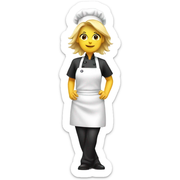 Female chef with blonde hair near a toilet sticker
