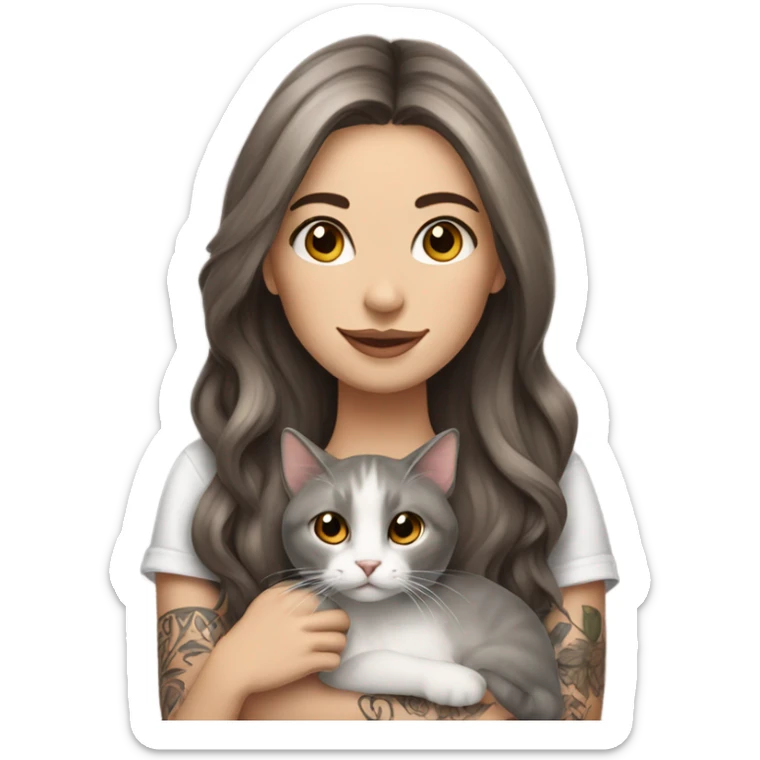 Beautiful brown haired tattooed woman holding gray and white long hair cat sticker