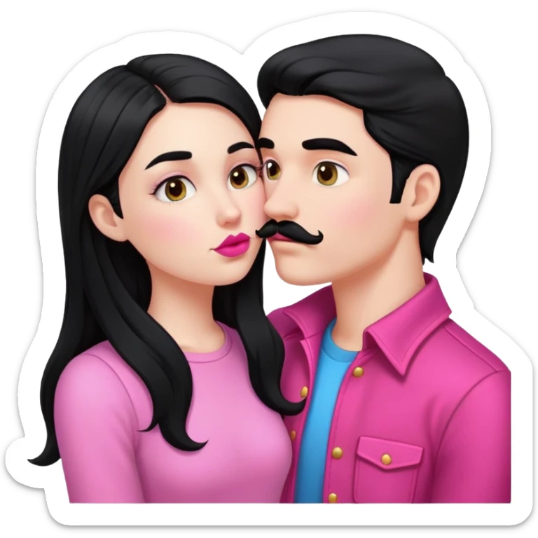 White boy with black mustache kissing white girl with long black hair in pink clothes sticker