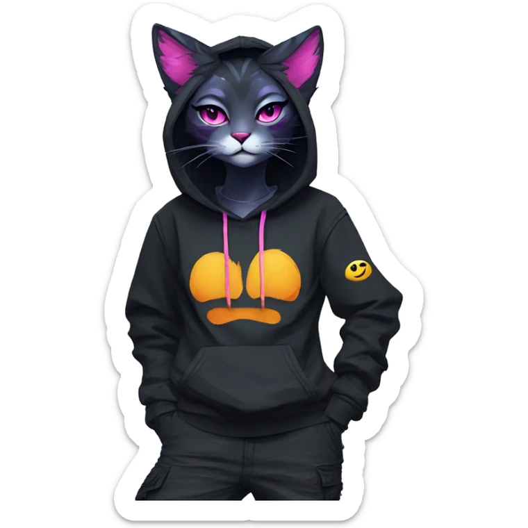 Edgy Anthro cool pretty colorful dark cat-fursona techwear cargo pants hoodie sticker