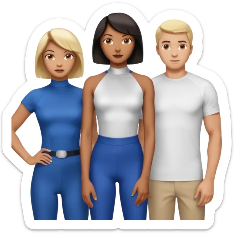 3 Friends standing side by side, charlie's angels style: 1 black woman with a short flat pressed bob, 1 hispanic man with a thin nose and long hair, and 1 white guy with blue eyes and a short brown-blonde haircut sticker