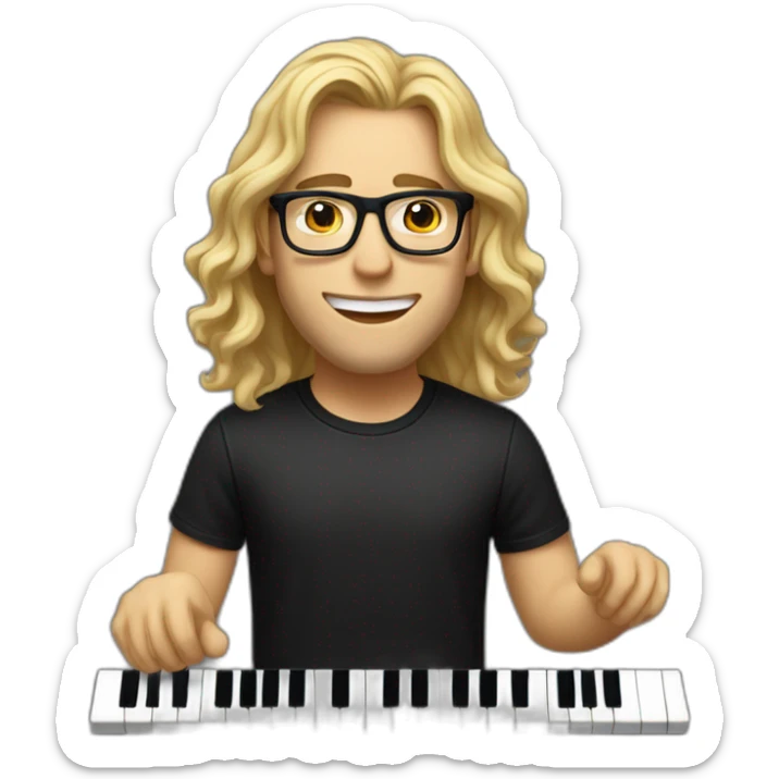 man with long wavy blonde hair, black t-shirt, and glasses, PLAYING musical keyboard sticker