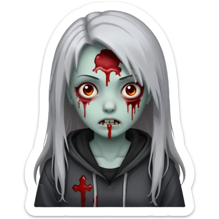 zombie girl with blood and grey long hair with a black hoodie on sticker