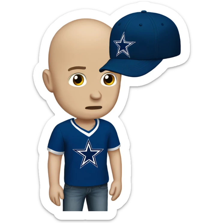 Bald white male holding dark blue Dallas Cowboys hat. He’s crying because he’s ashamed of being bald  sticker