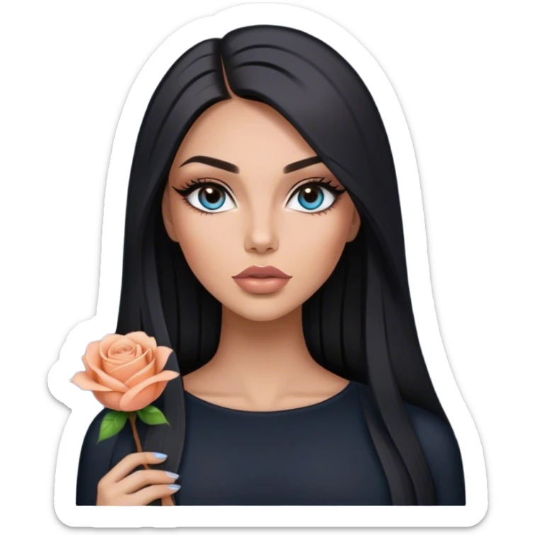 Glamours, tanned, very beautiful girl, with big pump peach-beige-rose lips, long long lashes, black straight smooth silky long hair, straight parting hair, blue-grey eyes in black clothes sticker