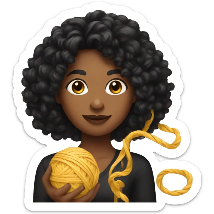 woman with long black curly hair holding one ball of yarn wearing a black shirt sticker
