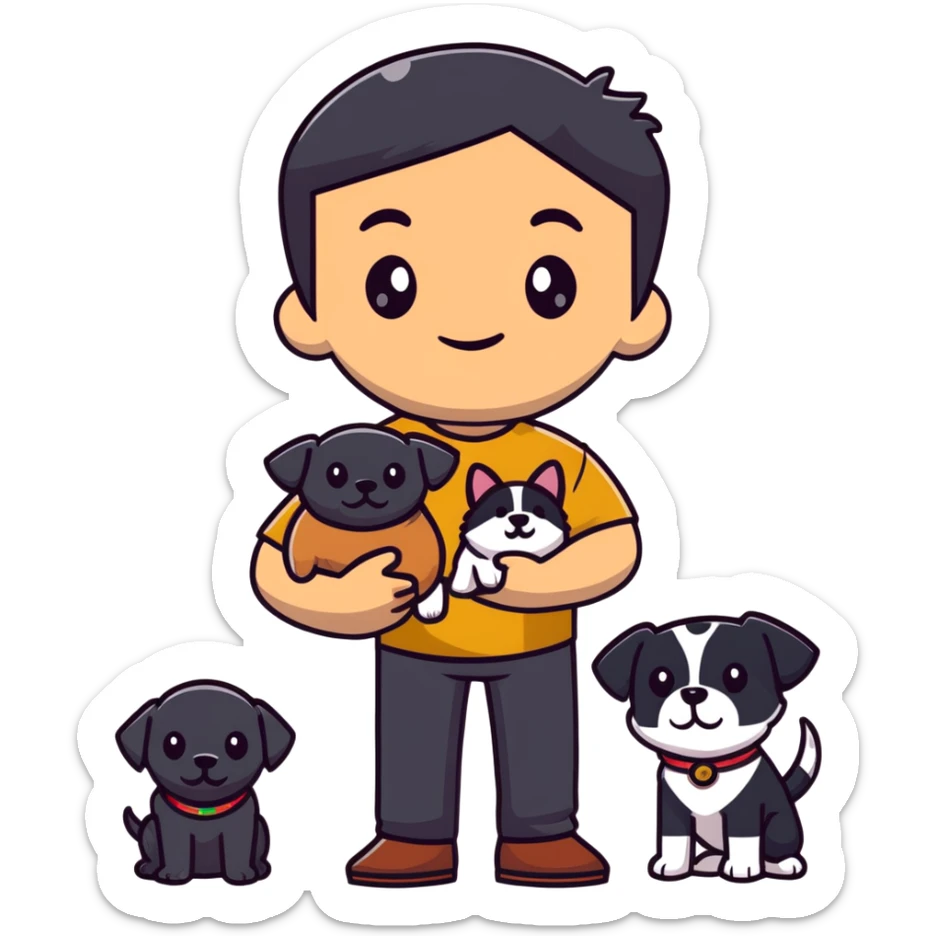 Mexican man with black hair and brown eyes wearing a shirt and black pants, holding a small white dog with one brown ear sticker