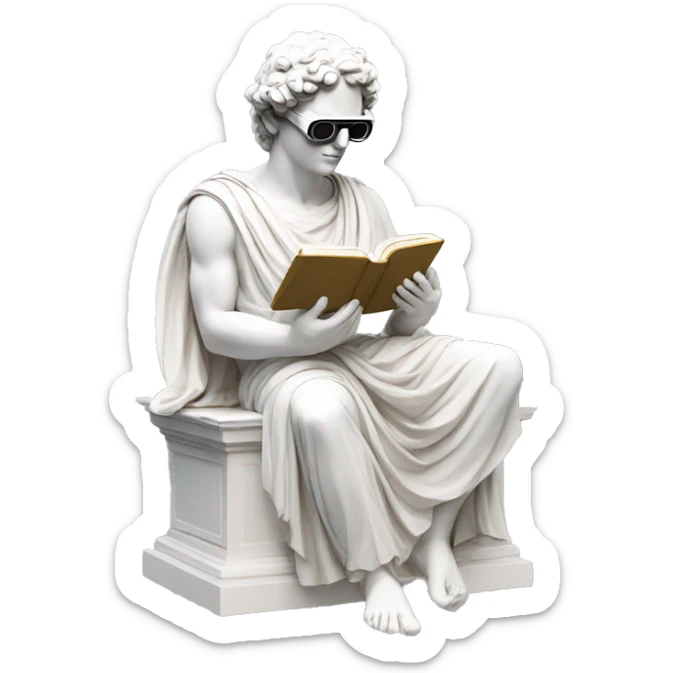 an EMOJI OF A ancient young greek statue reading a book, wearing VR glasses, white colors, DIGITAL UNIVERSE sticker