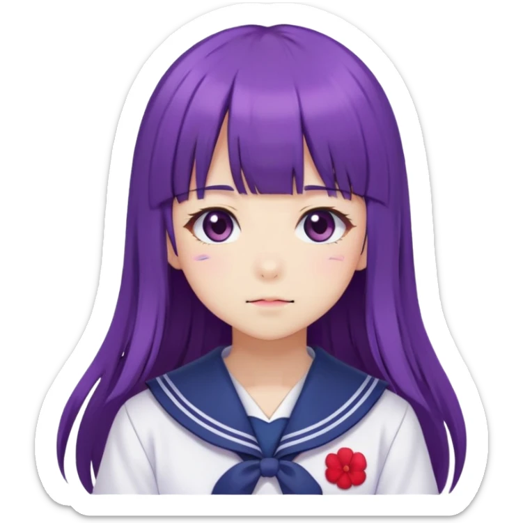 Shy anime girl with purple long hair and bangs wearing Japanese sailor style school uniform, blushing, kawaii style sticker