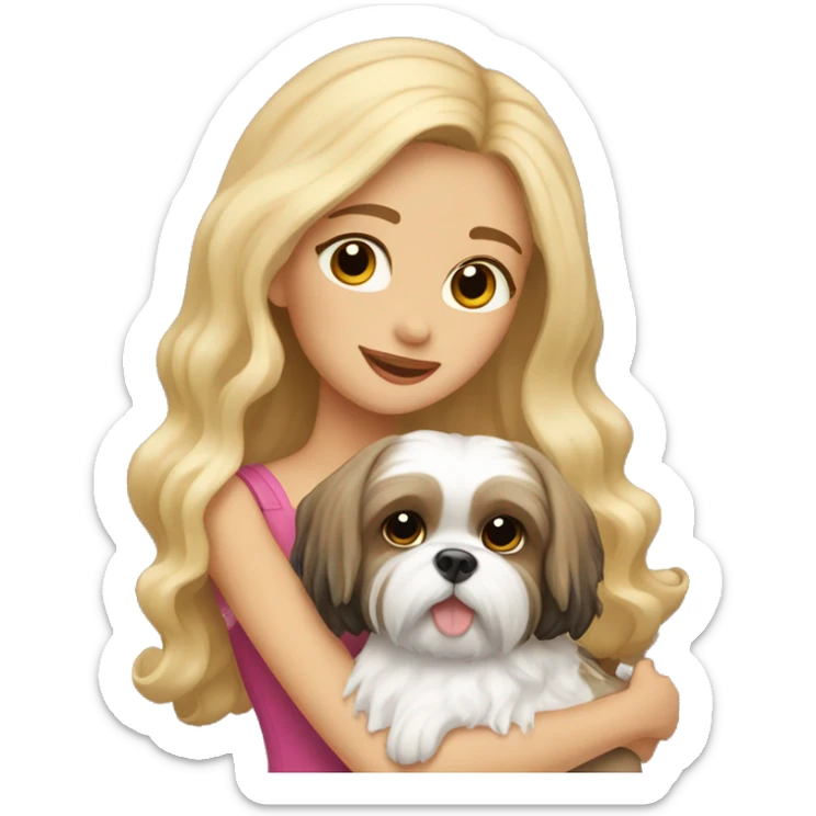 a girl with long, wavy brunette hair hugging a Shih Tzu with blonde fur and a cute bow sticker