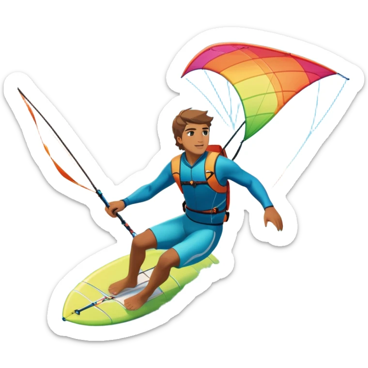 A professional kite surfer riding the waves, holding the kite in front of them as the wind fills the sail, propelling them across the water. The backdrop features a stunning landscape with a vibrant sky, crashing waves, and a sense of motion and adventure. sticker