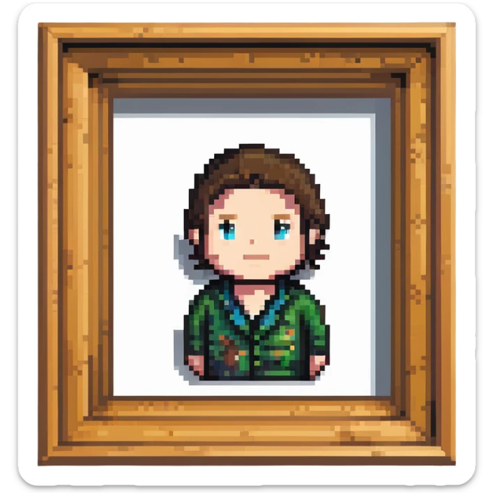 A pixelated portrait of a man in a wooden picture frame sticker