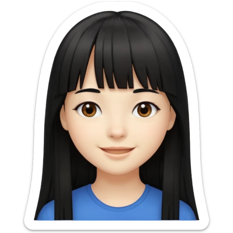 Girl with fair skintone, long straight black hair with bangs, and dark brown eyes, smiling, sticker