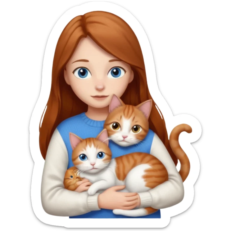 a girl with long brown hair, with blue eyes, in a
white sweater, hugs 3 cats a brown tabby and white, a ginger and white and a grey and white sticker