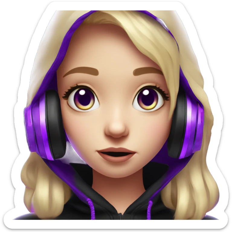 Russian cute blond girl wearing black hoody with violet letters "OMG", in vr headset. Cyberpunk style. Violet neon. sticker
