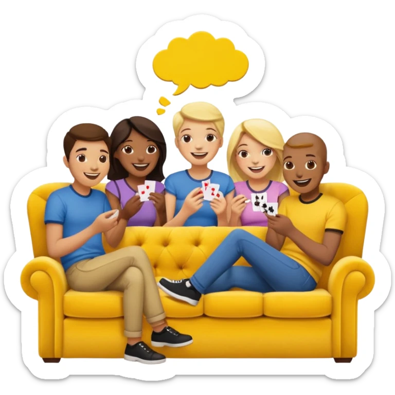 group of friends on couch playing a card game couch should be deep yellow color sticker