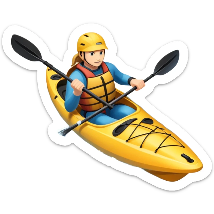 An icon showing a close-up of a sleek kayak with double-bladed paddles gliding through water. Splashes surround the boat as it cuts across a calm surface, symbolizing speed and focus. Transparent background emphasizes the dynamic and personal nature of kayak paddling. sticker