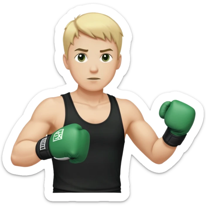 Blonde short hair boxer guy in black tank top holding hands in boxer stance. Wearing dark green boxer gloves sticker