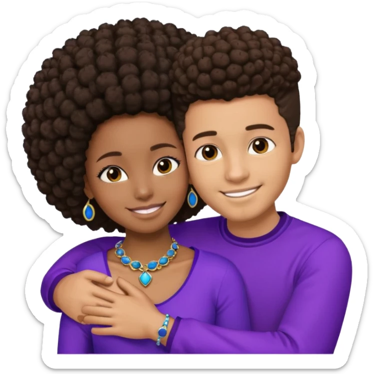 Tan male with short brown hair, smiling and hugging, black African girl with Afro in purple clothes with blue jewelry sticker