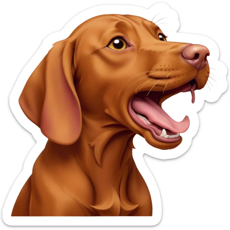 Cinematic Cute Yawning Vizsla Portrait Emoji, Head tilted slightly with a dramatic, wide-open yawn, showcasing a smooth rust and gold Fur with a subtle shimmer, floppy ears slightly drooping, round amber eyes barely open in drowsy contentment, Simplified yet irresistibly adorable features, highly detailed, glowing with a soft, cozy glow, high shine, relaxed yet expressive, stylized with a touch of whimsy, bright and endearing, soft glowing outline, capturing the essence of a sleepy yet affectionate companion, so drowsy it feels like it could stretch out of the screen and curl up for a nap! sticker