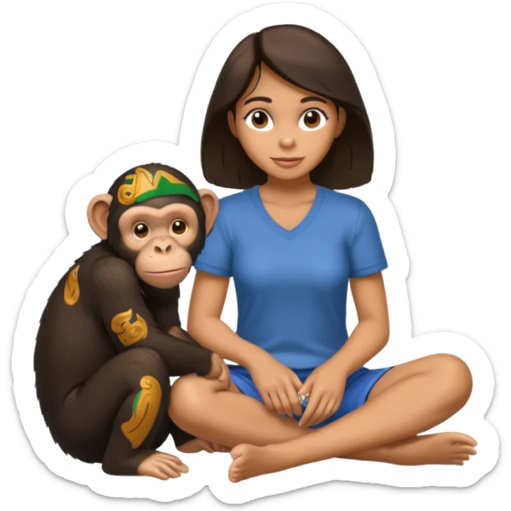 un chiomapnze sentado en el suelo al lado de una mujer sticker