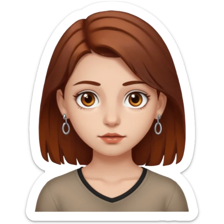 A girl with chest-length brown hair with a reddish tinge, with fair skin, brown eyes and a septum piercing sticker