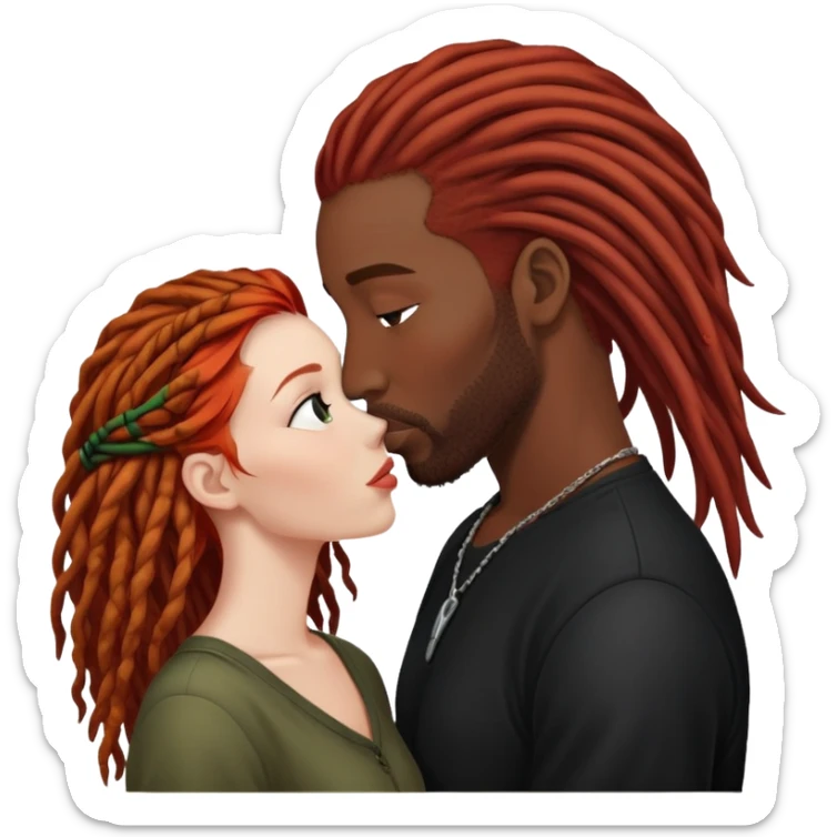 Mulher ruiva, pele branca, beijando um homem negro, com dreads nos cabelos sticker