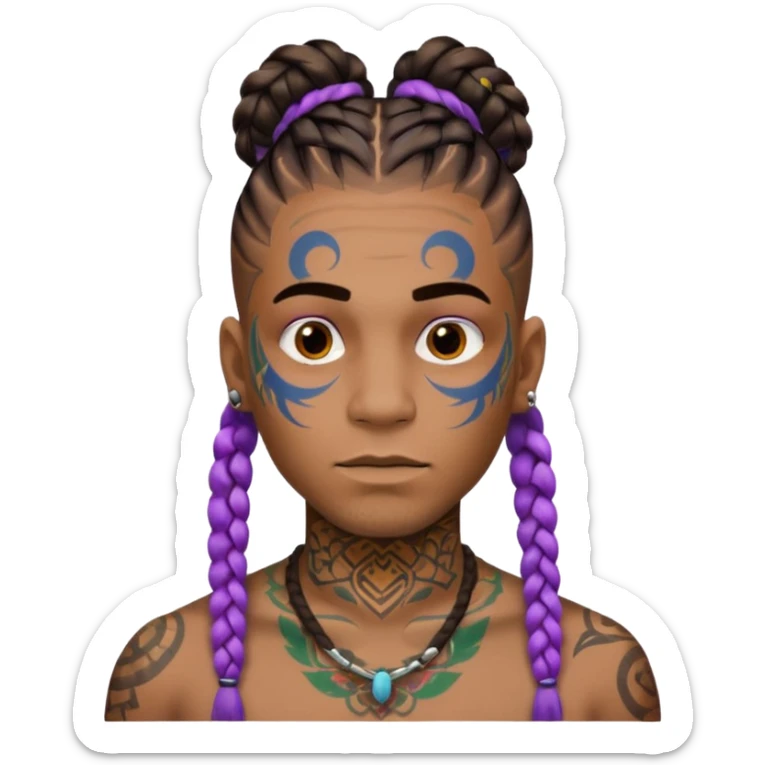big lose braids starting from the top of the head man with mustache face wiith big visible braids and lots and lots of colored face tattoos colored tattoos like a tattoo artist hair unique color sticker
