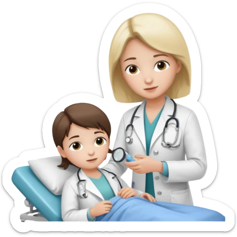 A young medic (woman) attending to a child patient at the local hospital sticker