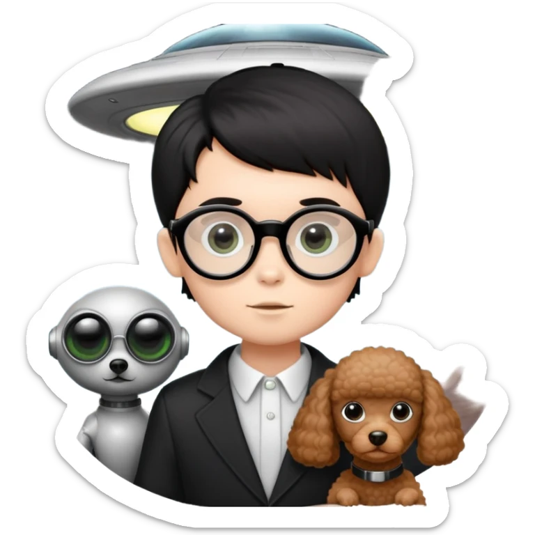 A little boy with straight black medium-length hair, white skin, and black eyes wearing black-framed glasses is taking photos on a UFO with a camera. Beside him, there is an alien and a brown round-headed poodle. sticker