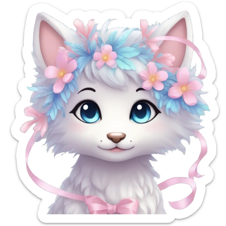 Anthro Cute Cool Blushing Pastel Innocent Shy Kawaii gorgeous sparkly ethereal fantasy anime animal creature with blue eyes furry sona with flowers and ribbons beautiful aesthetic sticker