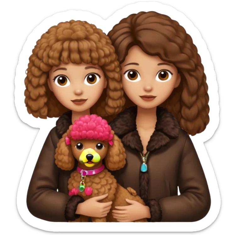 A girl who has long brown straight hair and wears a fur jacket holds a brown poodle sticker