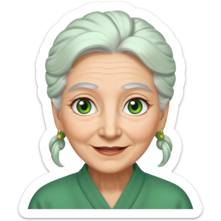 abuela con ojos verdes, pelo blanco, pelo blanco y amarrado, aspecto feliz, pelo blanco, no verde, solo verde los ojos sticker