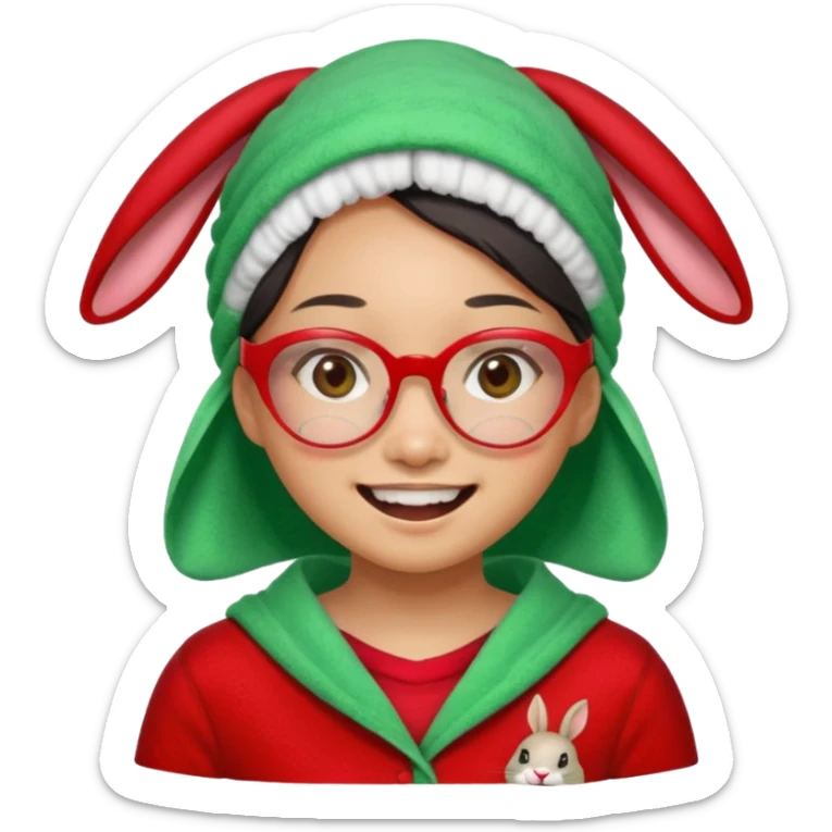 Asian woman wearing a green towel in her head with a broken glasses on her face in red pajamas her smile with rabbit front teeth and the cloth should be red sticker