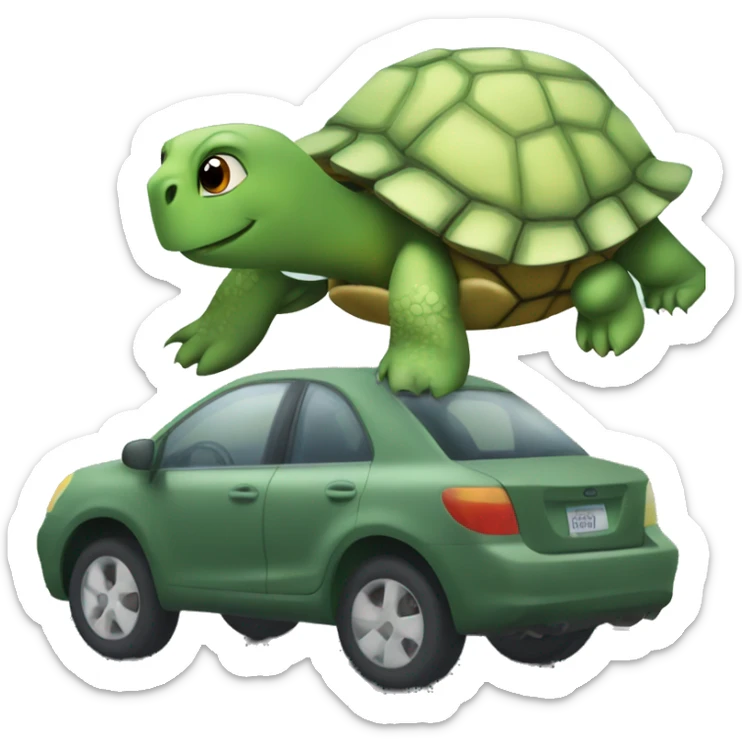 TURTLE! towing a car. The turtle is infront of the car on the road and is straped to the car. sticker